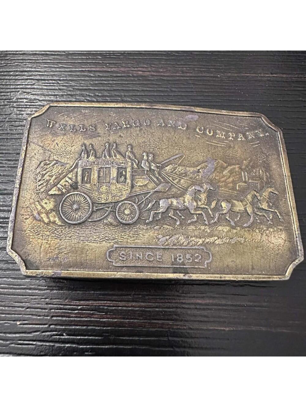 Stamped Wells Fargo Company Stagecoach Carriage Since 1852 Vintage Belt Buckle